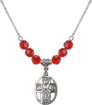 18" Rhodium Plated Necklace with 4mm Ruby Crystal Beads featuring a Sterling Silver 5-Way / Holy Spirit Medal.