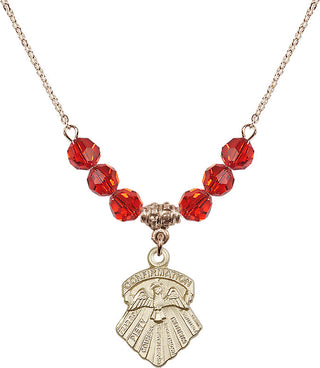 18" Hamilton Gold Plated Necklace with 4mm Ruby Crystal Beads featuring a 14kt Gold Filled Seven Gifts Medal.