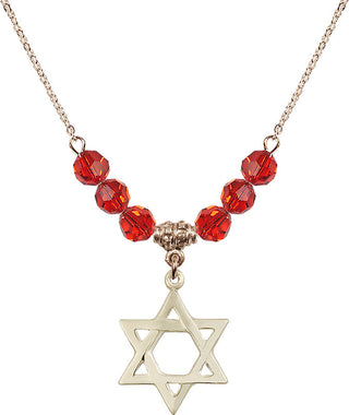 18" Hamilton Gold Plated Necklace with 4mm Ruby Crystal Beads featuring a 14kt Gold Filled Star of David Medal.