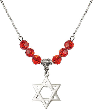 18" Rhodium Plated Necklace with 4mm Ruby Crystal Beads featuring a Sterling Silver Star of David Medal.