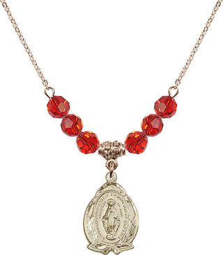 18" Hamilton Gold Plated Necklace with 4mm Ruby Crystal Beads featuring a 14kt Gold Filled Miraculous Medal.