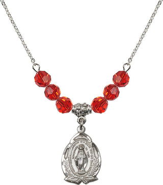 18" Rhodium Plated Necklace with 4mm Ruby Crystal Beads featuring a Sterling Silver Miraculous Medal.