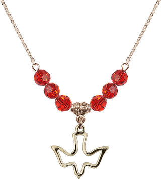18" Hamilton Gold Plated Necklace with 4mm Ruby Crystal Beads featuring a 14kt Gold Filled Holy Spirit Medal.