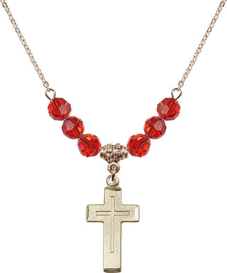 18" Hamilton Gold Plated Necklace with 4mm Ruby Crystal Beads featuring a 14kt Gold Filled Cross Medal.