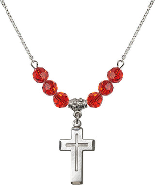 18" Rhodium Plated Necklace with 4mm Ruby Crystal Beads featuring a Sterling Silver Cross Medal.