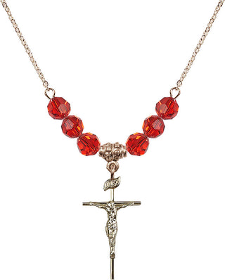 18" Hamilton Gold Plated Necklace with 4mm Ruby Crystal Beads featuring a 14kt Gold Filled Crucifix Medal.