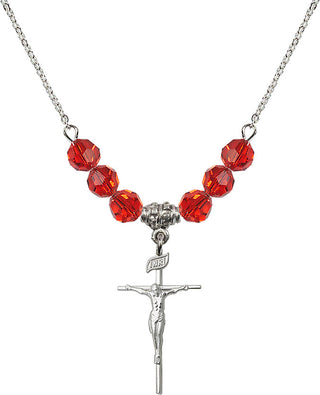 18" Rhodium Plated Necklace with 4mm Ruby Crystal Beads featuring a Sterling Silver Crucifix Medal.