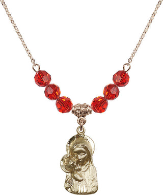 18" Hamilton Gold Plated Necklace with 4mm Ruby Crystal Beads featuring a 14kt Gold Filled Madonna & Child Medal.