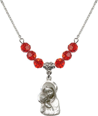 18" Rhodium Plated Necklace with 4mm Ruby Crystal Beads featuring a Sterling Silver Madonna & Child Medal.