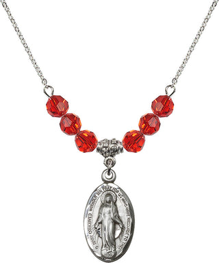 18" Rhodium Plated Necklace with 4mm Ruby Crystal Beads featuring a Sterling Silver Miraculous Medal.