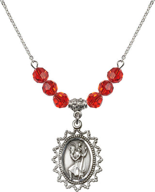 18" Rhodium Plated Necklace with 4mm Ruby Crystal Beads featuring a Sterling Silver Saint Christopher Medal.
