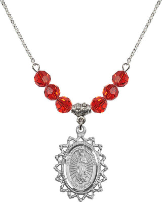 18" Rhodium Plated Necklace with 4mm Ruby Crystal Beads featuring a Sterling Silver Our Lady of Guadalupe Medal.