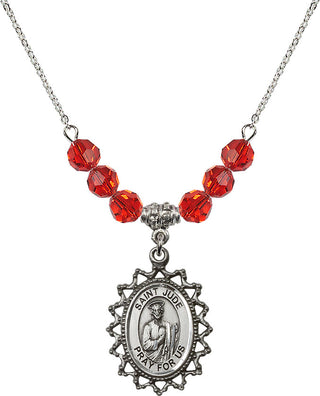 18" Rhodium Plated Necklace with 4mm Ruby Crystal Beads featuring a Sterling Silver Saint Jude Medal.
