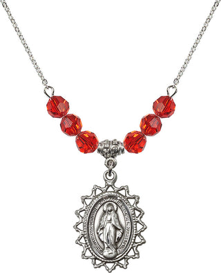 18" Rhodium Plated Necklace with 4mm Ruby Crystal Beads featuring a Sterling Silver Miraculous Medal.