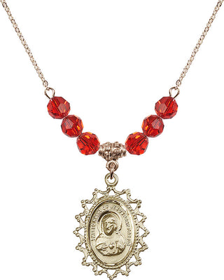 18" Hamilton Gold Plated Necklace with 4mm Ruby Crystal Beads featuring a 14kt Gold Filled Scapular Medal.