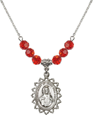 18" Rhodium Plated Necklace with 4mm Ruby Crystal Beads featuring a Sterling Silver Scapular Medal.