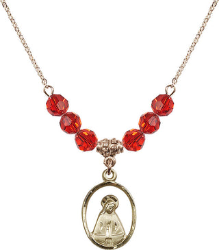18" Hamilton Gold Plated Necklace with 4mm Ruby Crystal Beads featuring a 14kt Gold Filled Madonna Medal.
