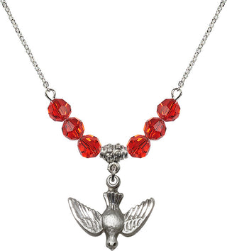 18" Rhodium Plated Necklace with 4mm Ruby Crystal Beads featuring a Sterling Silver Holy Spirit Medal.