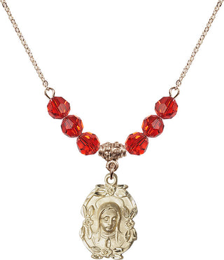 18" Hamilton Gold Plated Necklace with 4mm Ruby Crystal Beads featuring a 14kt Gold Filled Madonna Medal.