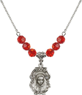 18" Rhodium Plated Necklace with 4mm Ruby Crystal Beads featuring a Sterling Silver Madonna Medal.