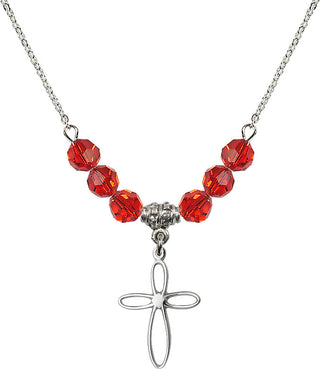 18" Rhodium Plated Necklace with 4mm Ruby Crystal Beads featuring a Sterling Silver Loop Cross Medal.