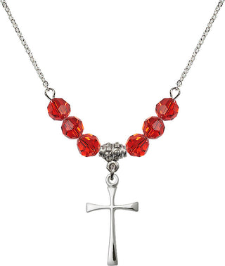 18" Rhodium Plated Necklace with 4mm Ruby Crystal Beads featuring a Sterling Silver Maltese Cross Medal.