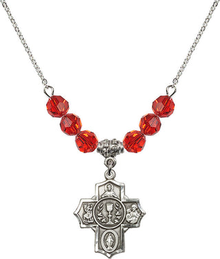 18" Rhodium Plated Necklace with 4mm Ruby Crystal Beads featuring a Sterling Silver Communion/5-Way Medal.