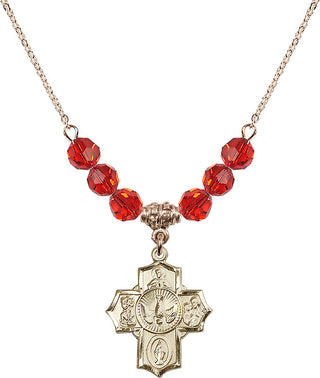 18" Hamilton Gold Plated Necklace with 4mm Ruby Crystal Beads featuring a 14kt Gold Filled 5-Way Medal.