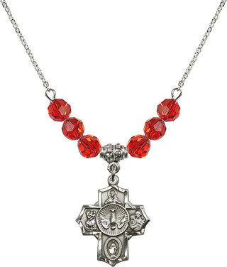 18" Rhodium Plated Necklace with 4mm Ruby Crystal Beads featuring a Sterling Silver 5-Way Medal.