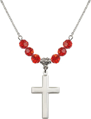 18" Rhodium Plated Necklace with 4mm Ruby Crystal Beads featuring a Sterling Silver Cross Medal.