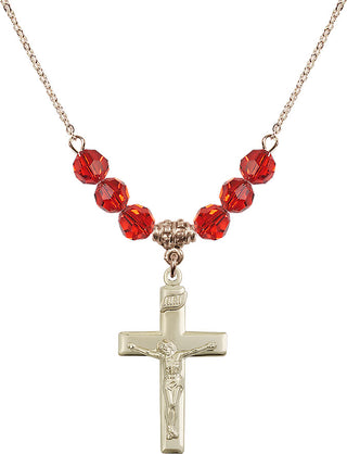 18" Hamilton Gold Plated Necklace with 4mm Ruby Crystal Beads featuring a 14kt Gold Filled Crucifix Medal.