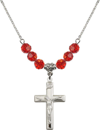18" Rhodium Plated Necklace with 4mm Ruby Crystal Beads featuring a Sterling Silver Crucifix Medal.
