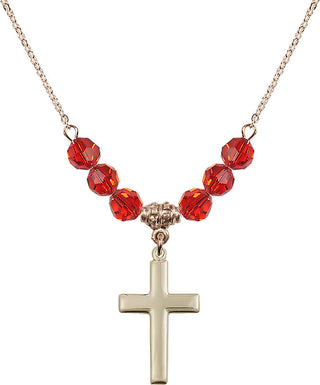 18" Hamilton Gold Plated Necklace with 4mm Ruby Crystal Beads featuring a 14kt Gold Filled Cross Medal.