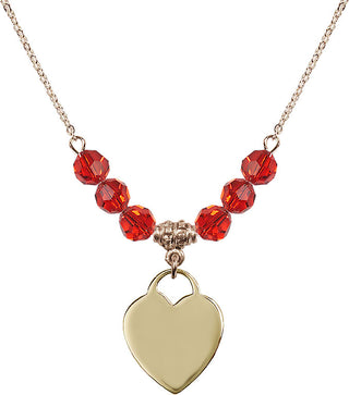 18" Hamilton Gold Plated Necklace with 4mm Ruby Crystal Beads featuring a 14kt Gold Filled Heart Medal. Engraved Catholic Saint Jewelry