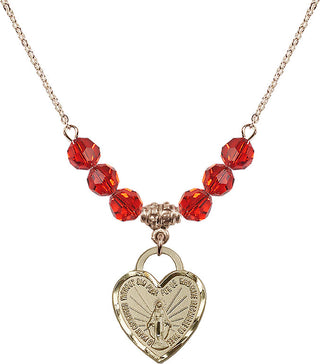 18" Hamilton Gold Plated Necklace with 4mm Ruby Crystal Beads featuring a 14kt Gold Filled Miraculous Heart Medal. Engraved Catholic Saint Jewelry