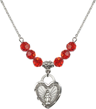 18" Rhodium Plated Necklace with 4mm Ruby Crystal Beads featuring a Sterling Silver Miraculous Heart Medal. Engraved Catholic Saint Jewelry