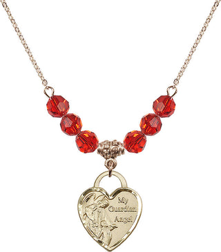 18" Hamilton Gold Plated Necklace with 4mm Ruby Crystal Beads featuring a 14kt Gold Filled Guardian Angel Heart Medal. Engraved Catholic Saint Jewelry