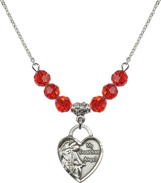18" Rhodium Plated Necklace with 4mm Ruby Crystal Beads featuring a Sterling Silver Guardian Angel Heart Medal. Engraved Catholic Saint Jewelry