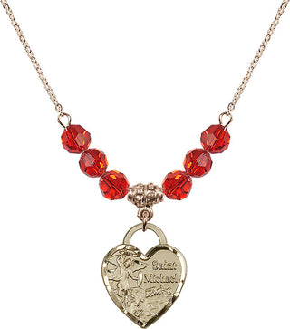 18" Hamilton Gold Plated Necklace with 4mm Ruby Crystal Beads featuring a 14kt Gold Filled Saint Michael the Archangel Medal. Engraved Catholic Saint Jewelry