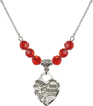 18" Rhodium Plated Necklace with 4mm Ruby Crystal Beads featuring a Sterling Silver Saint Michael the Archangel Medal. Engraved Catholic Saint Jewelry