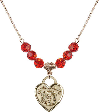 18" Hamilton Gold Plated Necklace with 4mm Ruby Crystal Beads featuring a 14kt Gold Filled Communion Heart Medal. Engraved Catholic Saint Jewelry