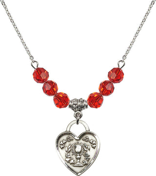 18" Rhodium Plated Necklace with 4mm Ruby Crystal Beads featuring a Sterling Silver Communion Heart Medal. Engraved Catholic Saint Jewelry
