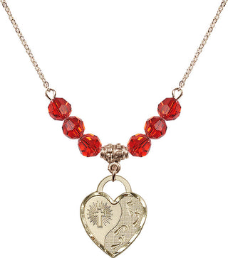 18" Hamilton Gold Plated Necklace with 4mm Ruby Crystal Beads featuring a 14kt Gold Filled Footprints Heart Medal. Engraved Catholic Saint Jewelry