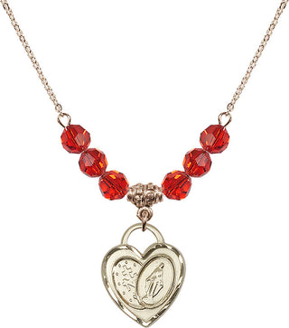 18" Hamilton Gold Plated Necklace with 4mm Ruby Crystal Beads featuring a 14kt Gold Filled Miraculous Heart Medal.