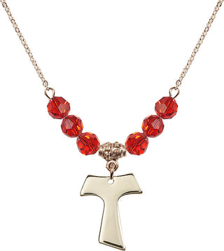 18" Hamilton Gold Plated Necklace with 4mm Ruby Crystal Beads featuring a 14kt Gold Filled Tau Cross Medal.