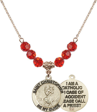 18" Hamilton Gold Plated Necklace with 4mm Ruby Crystal Beads featuring a 14kt Gold Filled Saint Christopher Medal.