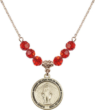 18" Hamilton Gold Plated Necklace with 4mm Ruby Crystal Beads featuring a 14kt Gold Filled Miraculous Medal.