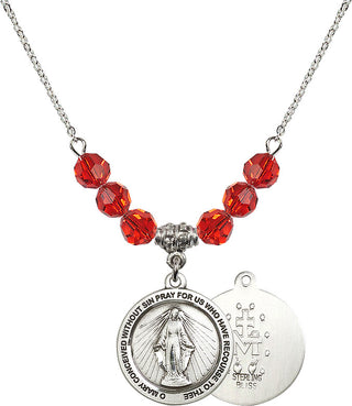 18" Rhodium Plated Necklace with 4mm Ruby Crystal Beads featuring a Sterling Silver Miraculous Medal.