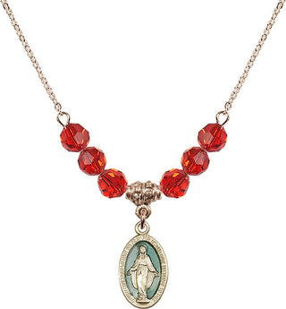 18" Hamilton Gold Plated Necklace with 4mm Ruby Crystal Beads featuring a 14kt Gold Filled Miraculous Medal.