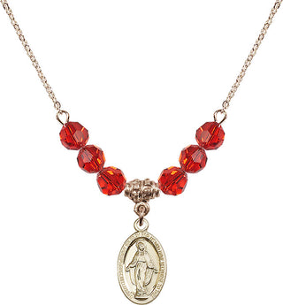 18" Hamilton Gold Plated Necklace with 4mm Ruby Crystal Beads featuring a 14kt Gold Filled Miraculous Medal.